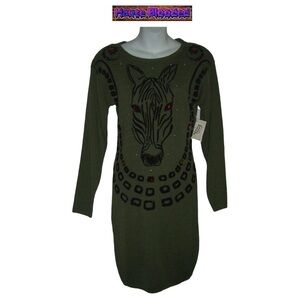 Vintage 80s Deadstock Sweater Dress Zebra Studded Jewel Art Deco Body Con Safari
